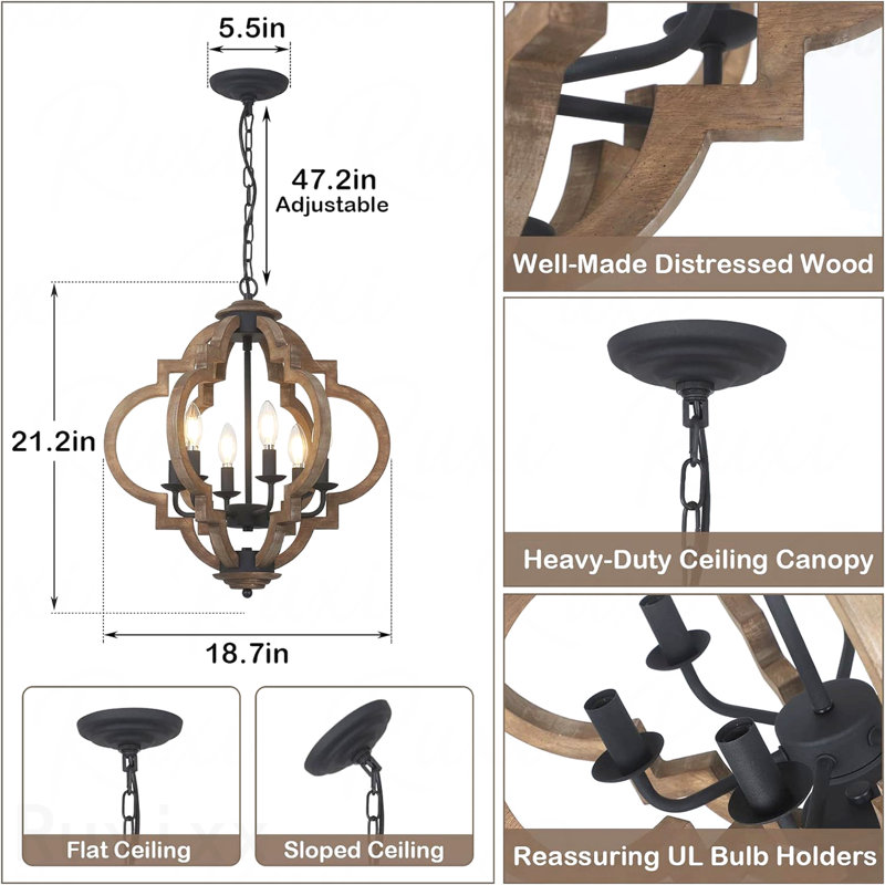 6-Light Farmhouse Rustic Wood Chandelier