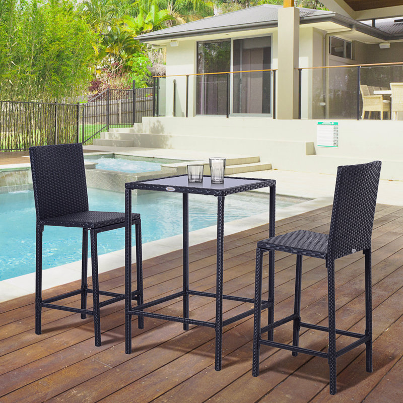 Ensemble de bar 3 pièces en rotin avec plateau en verre et 2 tabourets de bar pour le patio extérieur