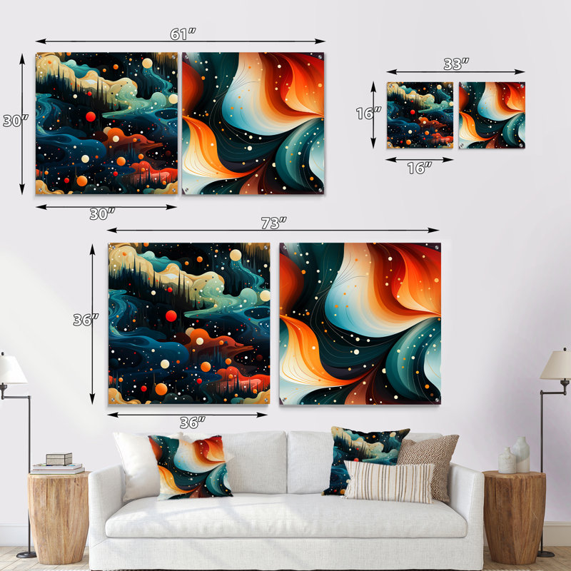 Cosmic Harmony - ensemble de 2 peintures murales abstraites en acrylique, H 16 po x l 33 po
