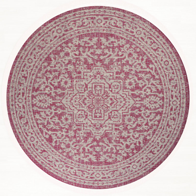 Aaleayah Medallion Textured Weave Fuchsia/Light Gray Indoor/Outdoor Rug, Round 5'3"