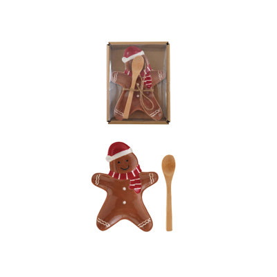 Ensemble d'assiettes en céramique Gingerbread Man avec cuillère en bambou et cravate en jute