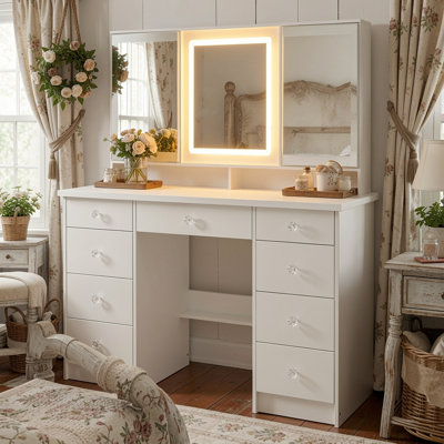 Bara 43.3" W 9 Drawers 3-Mirror Makeup Vanity With Lights