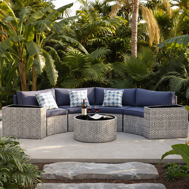 4 - Person Fully Assembled Curved Patio Conversation Set With Side Table, Blue