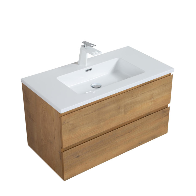 Meuble-lavabo mural simple 35,5 po Carol-Ann, Chêne naturel, Blanc