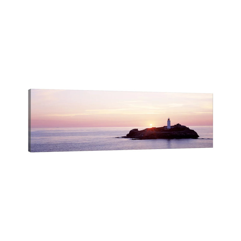 Sunset, Godrevy Lighthouse, Cornwall, England, United Kingdom by Panoramic Images - Wrapped Canvas Panoramic Print