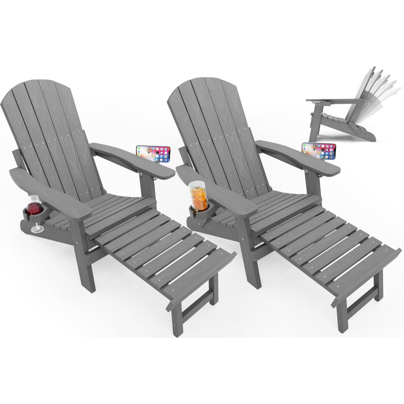 Outdoor Reclining HIPS Adirondack Chair With Footrest Set of 2, Gray