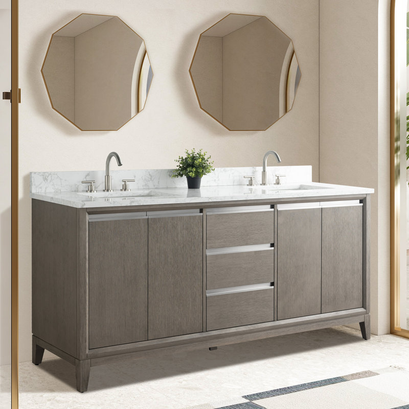 Meuble-lavabo double 60 po avec comptoir, Bois flottant gris, Lit double, 72"