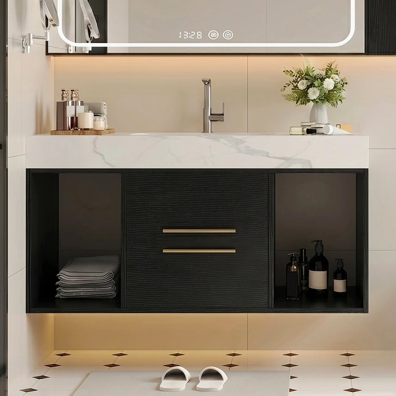 Meuble-lavabo mural 39,4 po avec lavabo en céramique, meuble de rangement mural moderne avec 2 tiroirs et 2 espaces ouverts