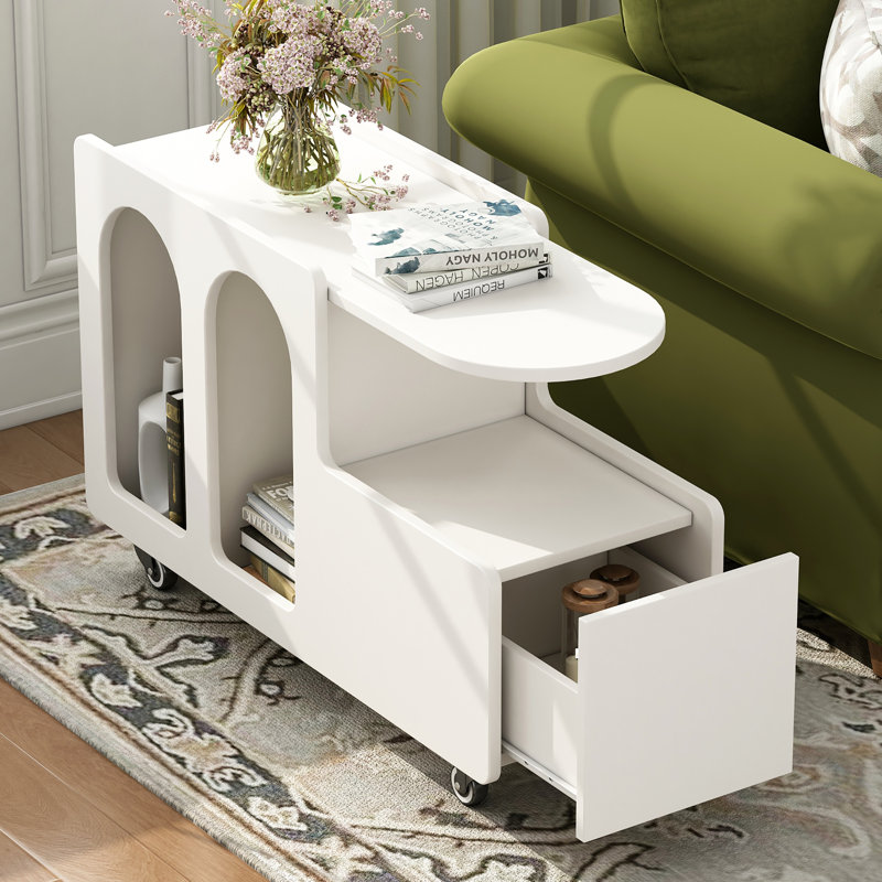 Table de bout mobile avec roues verrouillables, table d'appoint de style avec tiroir de rangement, table de chevet étroite de 11,8 pouces avec rangement multicouche