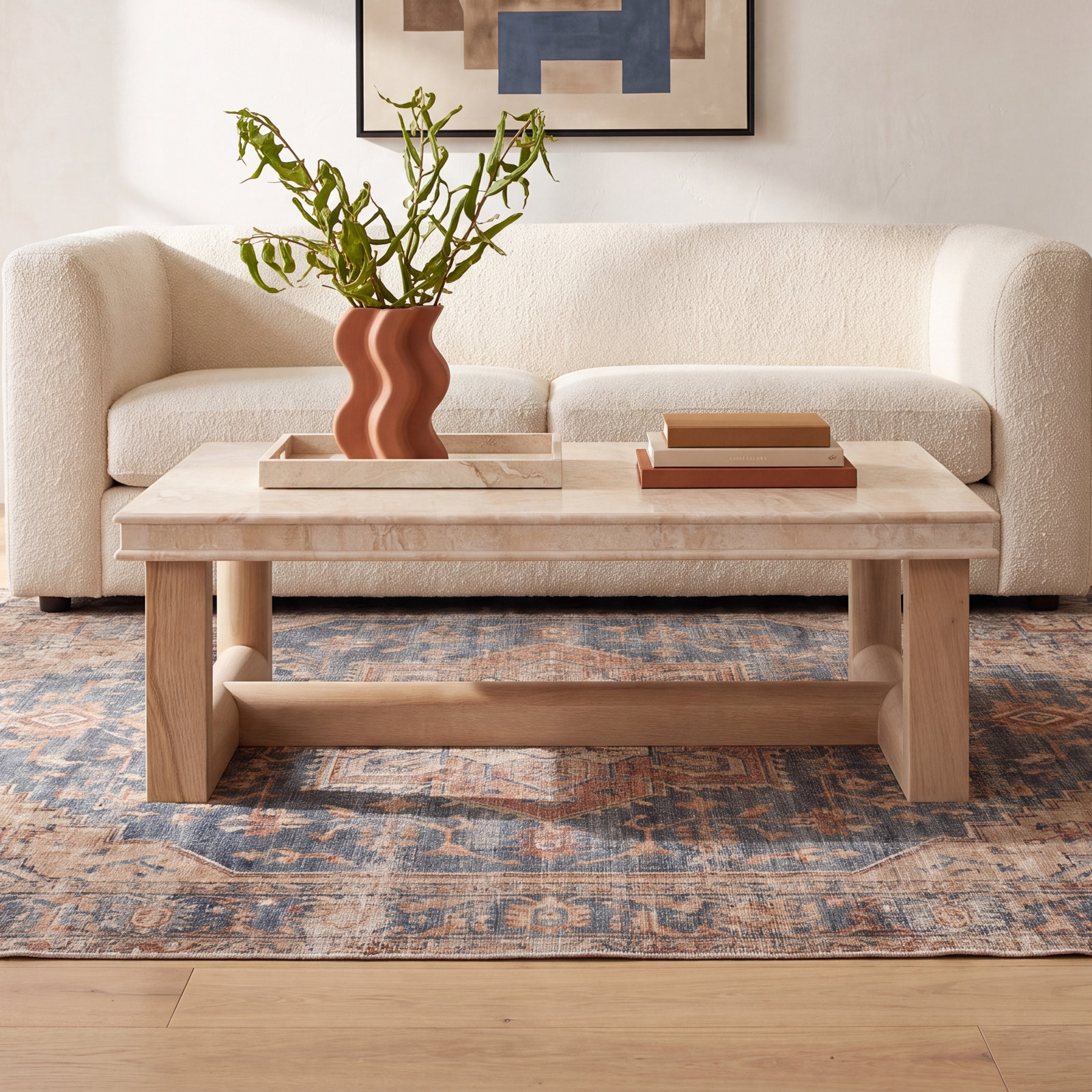 Manolo 50" Genuine Marble Oak Coffee Table