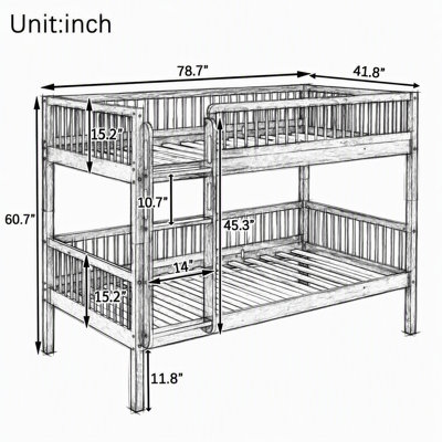 Pine Wood Bunk Bed , Convertible into 2 Twin Beds, Twin Over Twin Bunk Bed with Ladder and Safety Guardrails