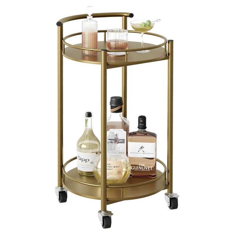 Bar Cart Gold Rolling Cart For Home,2 Tiers Bar Serving Cart Round Wine Cart With Handle, Metal Wine Rack And Casters, Serving Bar Trolley For Home Kitchen,Living Room,Christmas,New Year