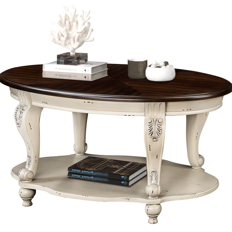 Table basse de salon en bois massif de 42 po, 2 tablettes à insertion, beige et flamme, ovale facile à assembler pour le plaisir, tablette, chatoyant, proposé