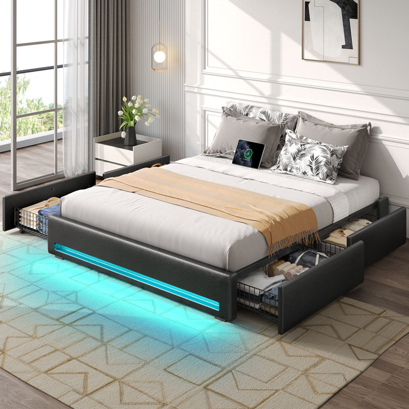 Platform Bed Frame with 4 Storage Drawers, Upholstered Bed with Outlets and LED Lights, No Headboard