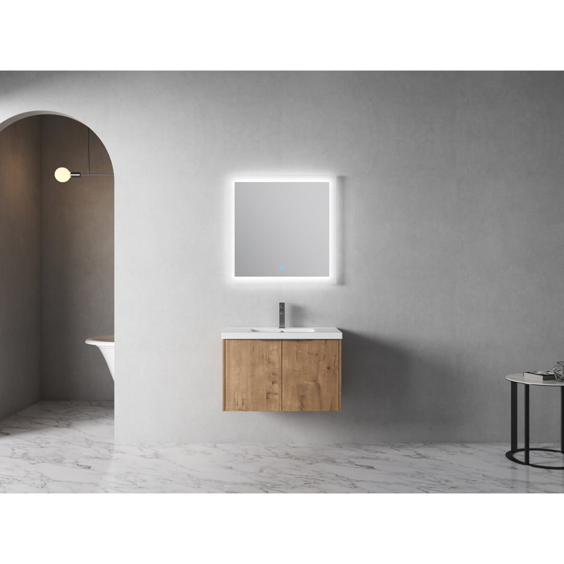 Meuble-lavabo 30 x 18-00630 avec lavabo en résine - tablette ouverte, portes à fermeture en douceur, garniture moderne et spacieuse en contreplaqué de 30 pouces, style moderne, rangement, chêne imitation