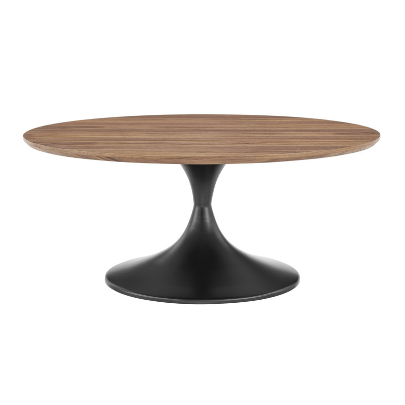 Table basse ronde Astrid avec plateau en placage de noyer américain et base noir mat, Bois brun foncé / noir