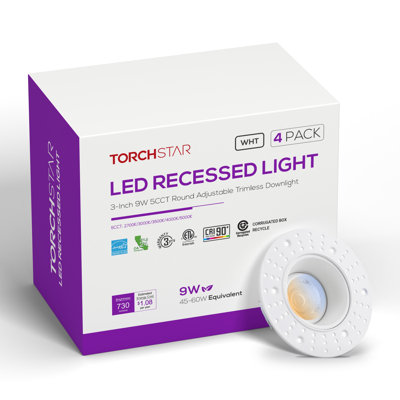 Trimless 3" Gimbal LED Recessed Light with J-Box, Round Plaster-In Canless Downlight, 5CCT 2700K-5000K Selectable, 730LM 9W, CRI 90+, Dimmable, IC Rated, Wet Rated, ETL Listed, White