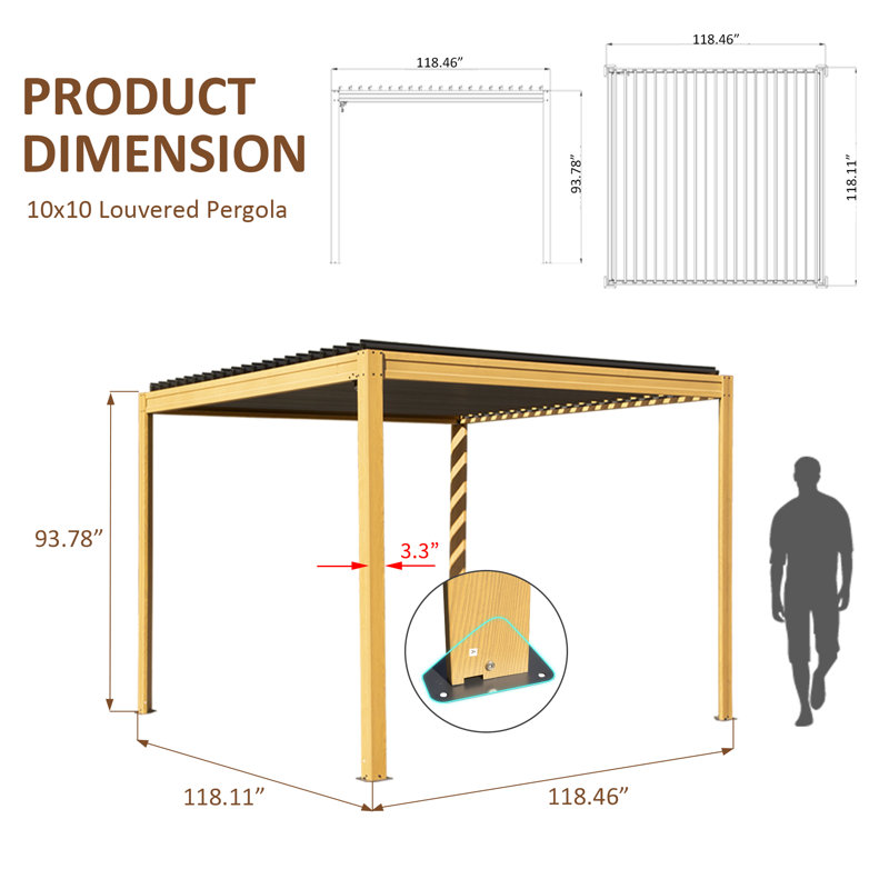 10 Ft. W x 10 Ft. D Aluminum Pergola, Antique Brown