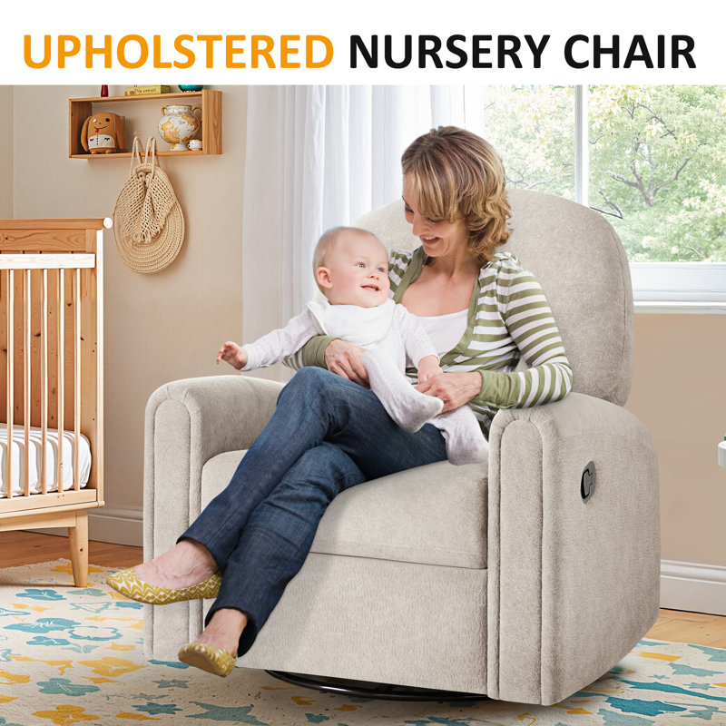 33.46’’ Nursery Rocking Chair, Upholstered Swivel Recliner, Camel