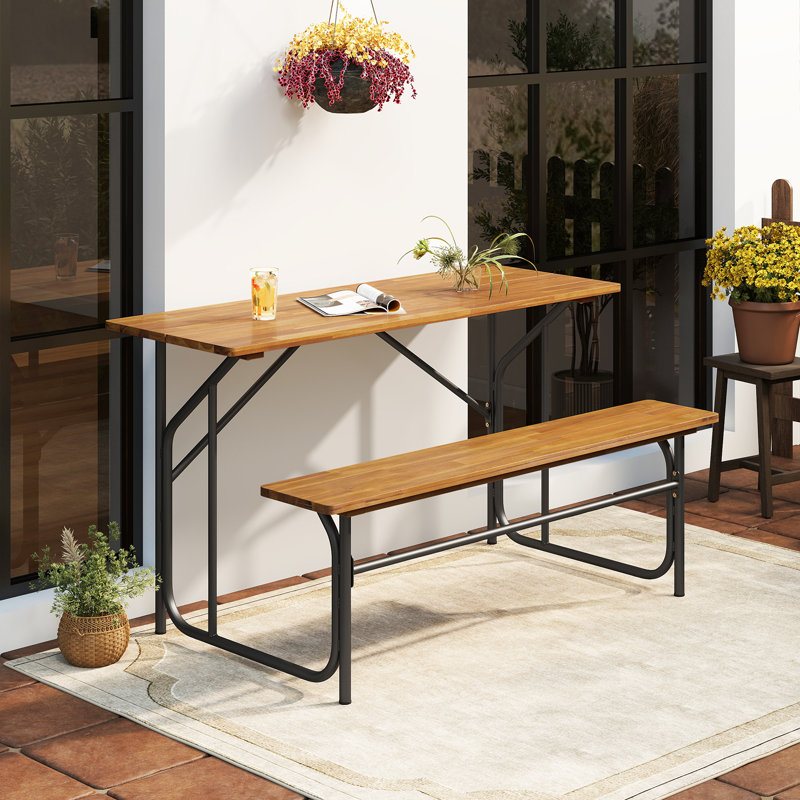  2PCS Table Bench Set for Picnic Table & Loveseat w/Acacia Wood Top Metal Legs