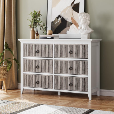 Modern 6-Drawer Dresser for Bedroom, Fluted Wood Chest with Metal Handles, Hallway Storage Cabinet