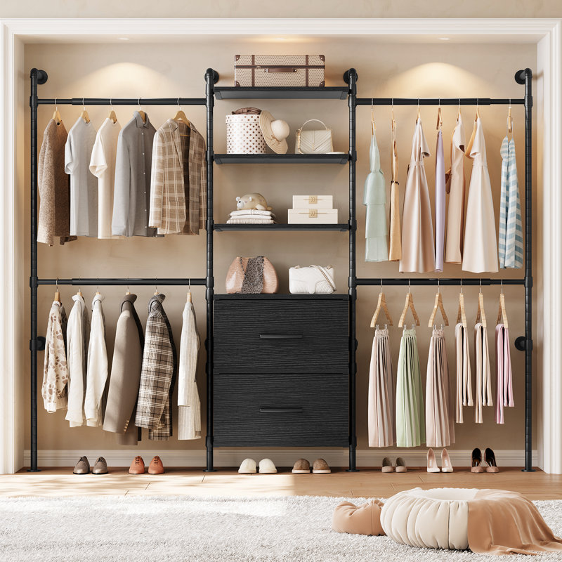 61.8"-91.3" W  Pipe Clothing Rack Wall Mounted  With 4 Expandable Rods, 2 Drawers, And 6 Wooden Shelves, Black