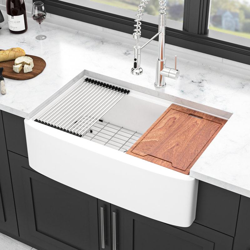 33 po Station de travail en céramique blanche - et durable, résistance aux ébréchures, égratignures, espace avec rebords, teinture, cuve profonde pour la cuisine, avec grille à vaisselle, crépine, planche à découper, drain 33 po