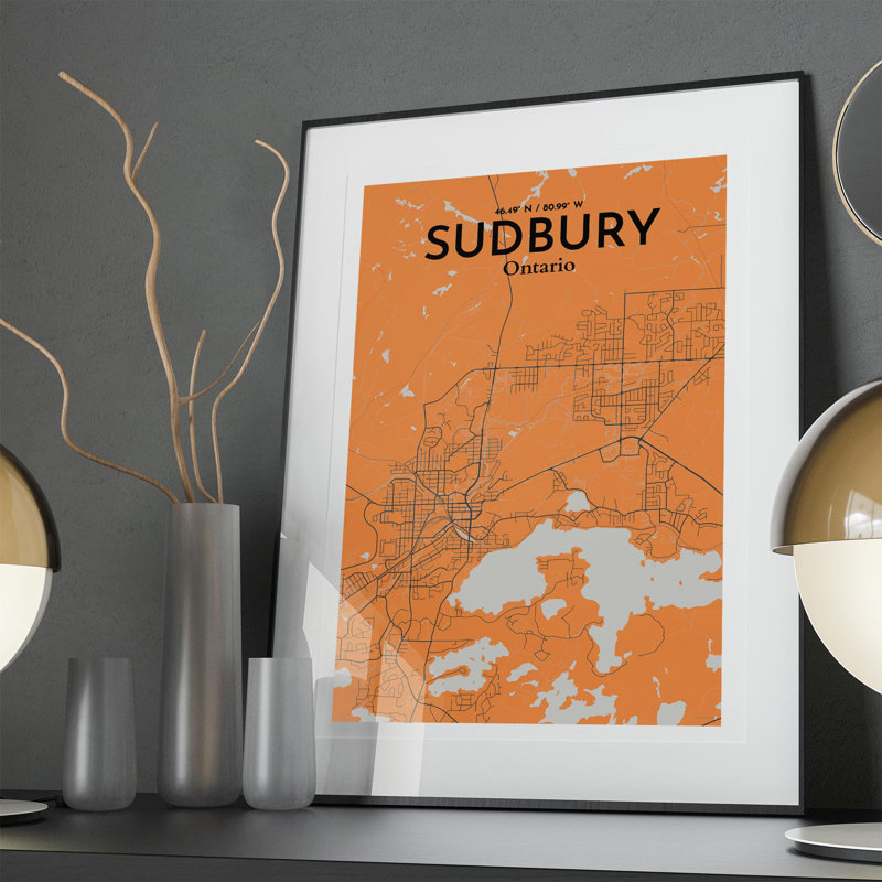 Sudbury City Map, impression, H 36 po x l 24 po, Orange / gris