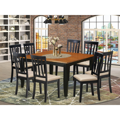 Ensemble de salle à manger 9 pièces comprenant une table de cuisine carrée avec rallonge papillon et 8 chaises de salle à manger en tissu de lin, noir et cerise