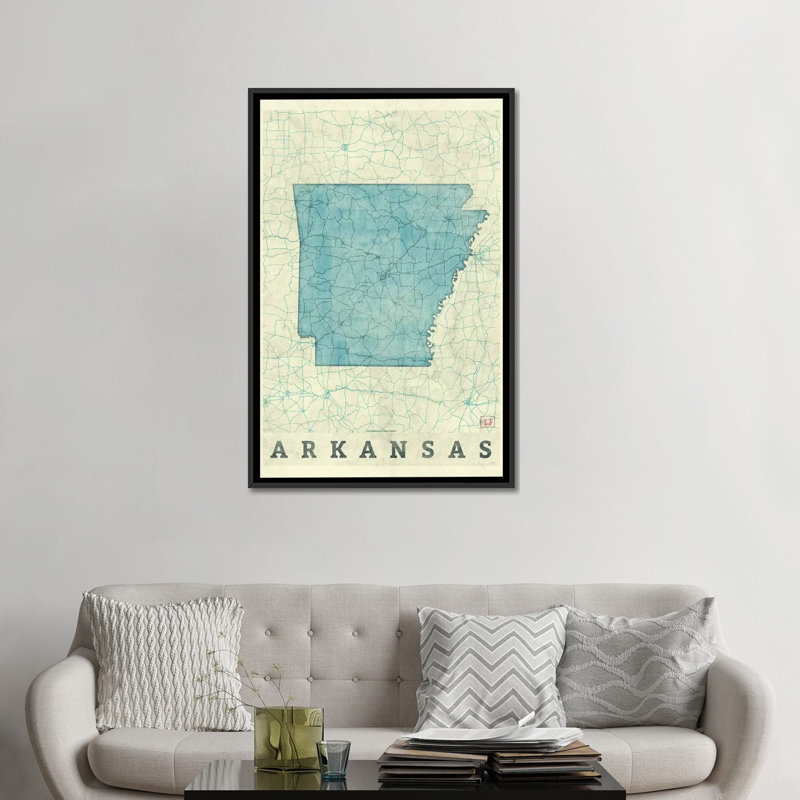 «Arkansas Map», impression sur toile, H 26 po x l 18 po x P 1,5 po, Toile avec cadre noir, Pas de tapis