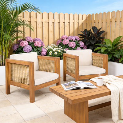 Outdoor Club Chair Set of 2 with Acacia Wood Frame, Wicker Armrests, and All-Weather Cushions for Durable Comfort.