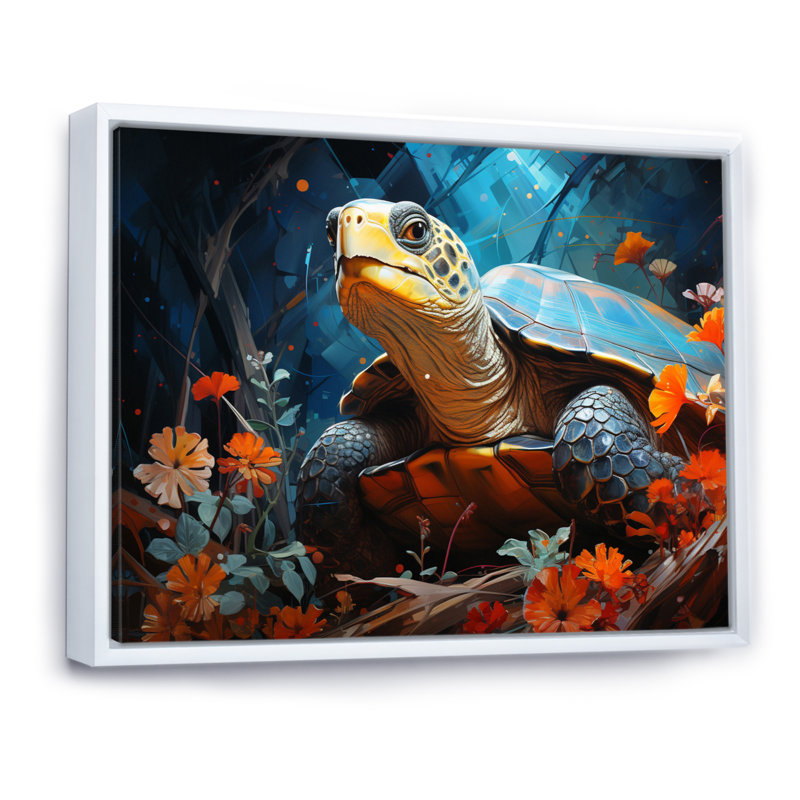 «Turtles Journey», collage floral sur toile, H 30 po x l 40 po x P 1,5 po, Cadre flottant blanc