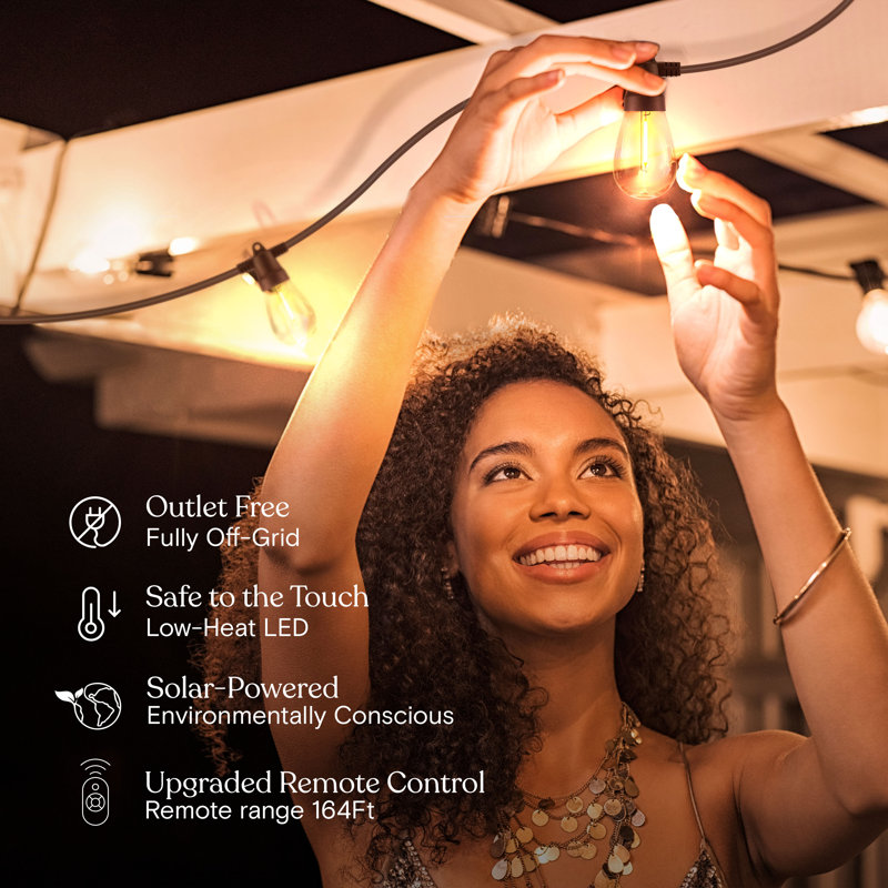 Guirlande solaire d'extérieur à DEL 104 pi avec 32 ampoules Edison S14 blanc doux, télécommande et résistant aux intempéries Ambience Pro
