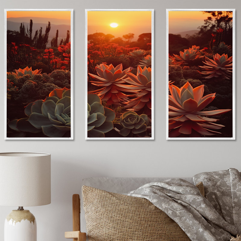 «Green» and Red Succulent Cactus Field Sunset II - Succulent Canvas Wall Art, ensemble, Cadre flottant blanc