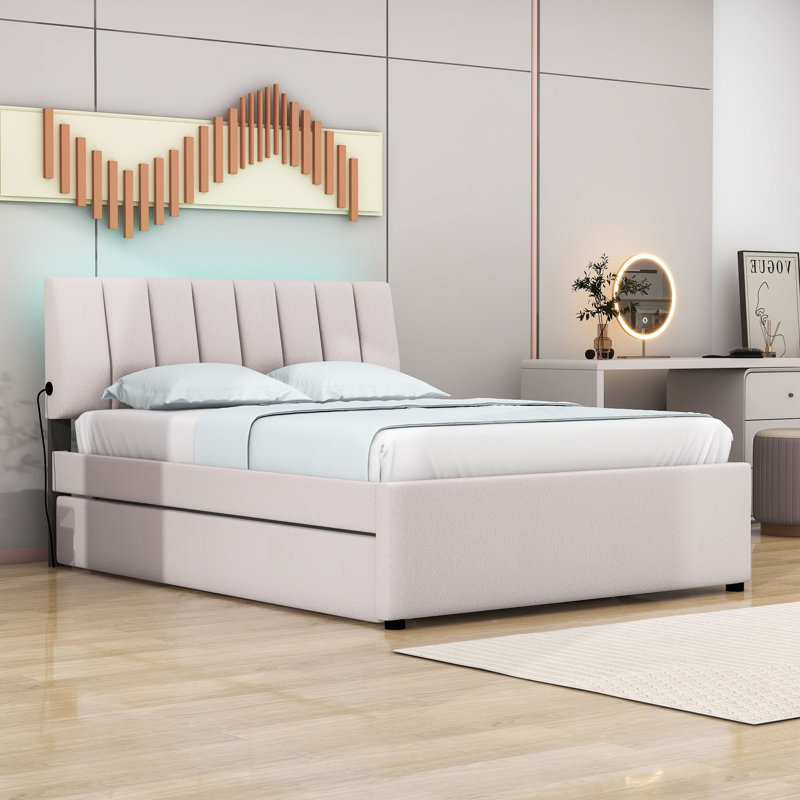 Lit plateforme tapissier avec tête de lit et lit gigogne Renzie, Beige, Double