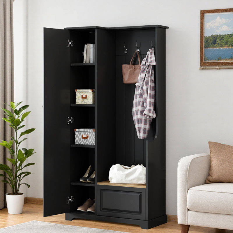 Arbre d'entrée moderne avec banc rabattable, armoire latérale de rangement, tablettes réglables et crochets, Black