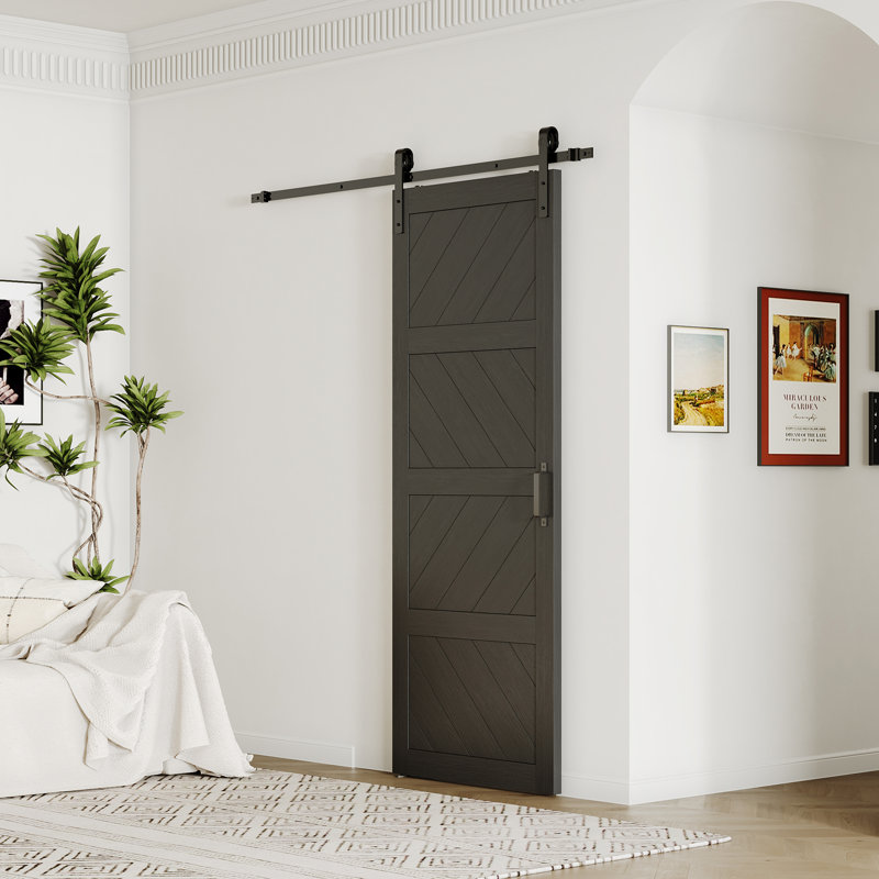 Barn Door - 4 Lite Chevron Black Design Solid Wood Prefinished With Installation Hardware Kit, 30" x 84"