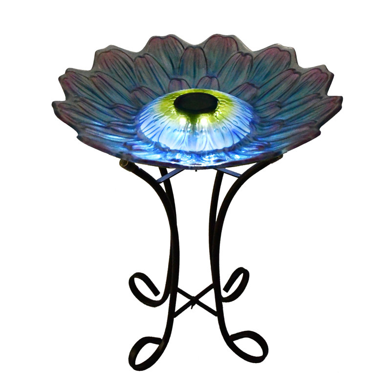 Solar Blue and Purple Glass Flower Bird Bath with Metal Stand