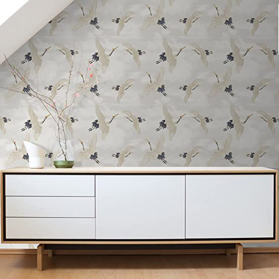 Oriental Japanese Birds Cranes Blue/White/Silver 10m x 53cm Textured Metallic Finish Paste the Wall Wallpaper Roll