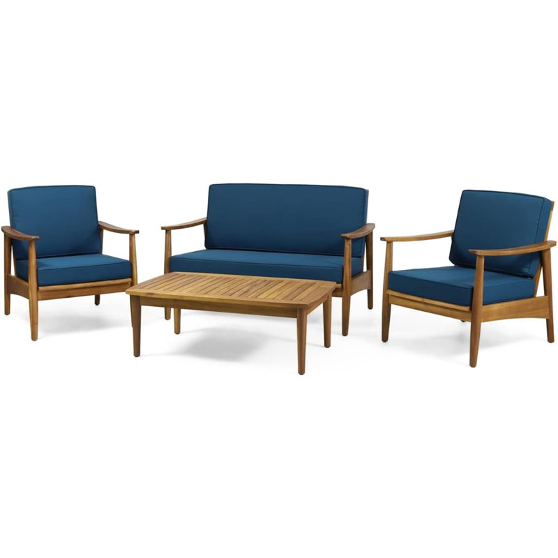 Willowbrook Teak Brown 4-Piece Wood Outdoor Patio Conversation Seating Set With Dark Teal Cushions