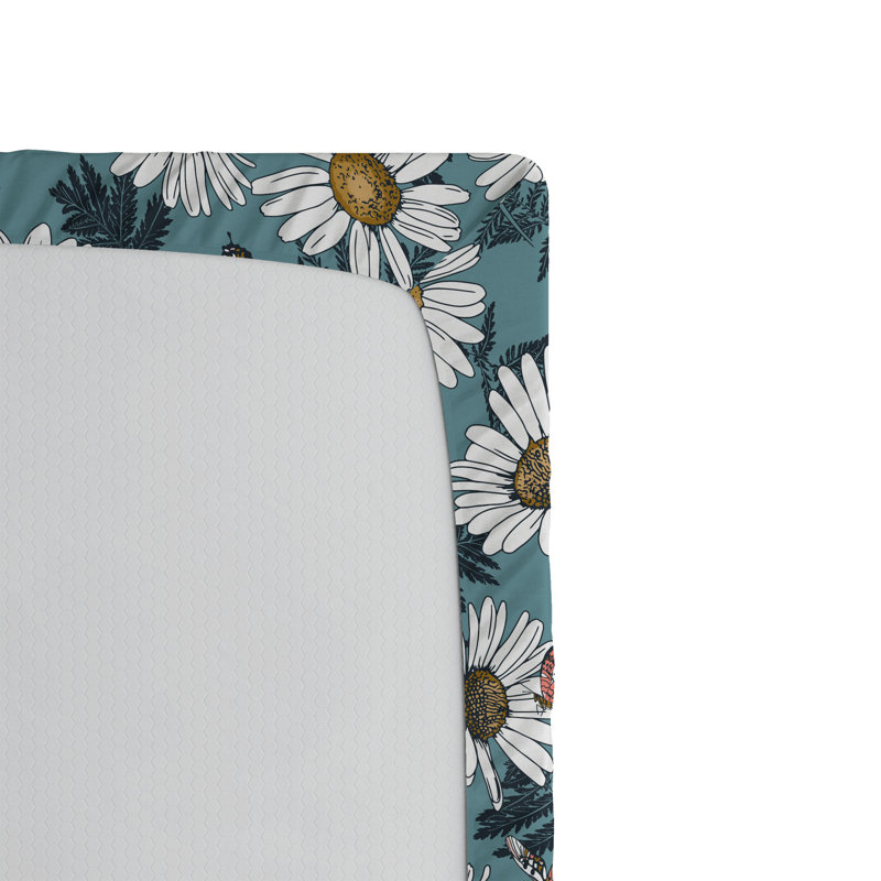 Drap-housse de camomille Ambesonne, fleurs, marguerite, art rétro, bleu, blanc, corail, Drap-housse grand