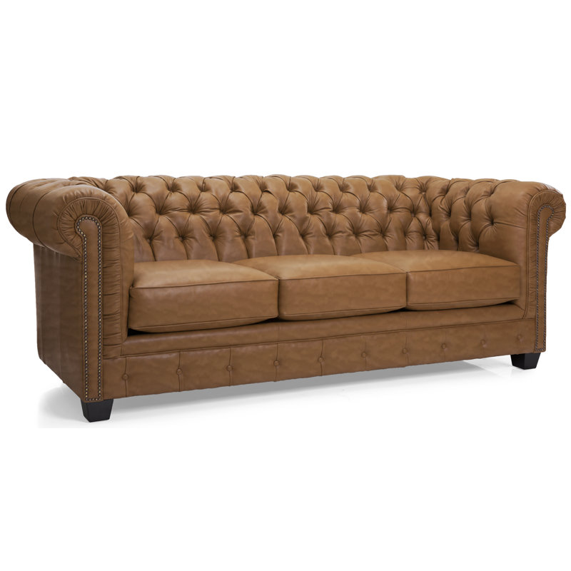 Canapé Chesterfield à accoudoirs roulés en cuir véritable de 86 po Melany, Brun clair / brun