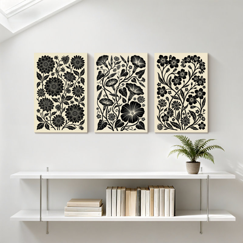 Plantes et fleurs, ensemble de 3 impressions sur toile à motif floral noir et blanc, H 30 po x l 60 po