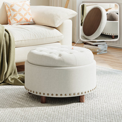 25" Round Upholstered Storage Ottoman with Tufted Cushion, Hidden Storage