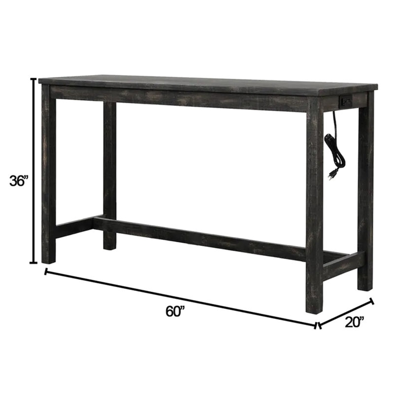 Table de salle à manger 3 pièces pour comptoir - table en bois massif avec prise électrique, 2 ports, tabourets de sièges, noir anthracite, design rustique et transitionnel, table de 60 po, sièges 2, rectangulaire, prise de style