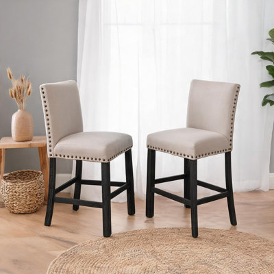 Ensemble de 2 chaises d'appoint rembourrées à hauteur de comptoir, garniture cloutée, pieds en bois gris antique, mélange de lin naturel clair, cuisine de maison de campagne