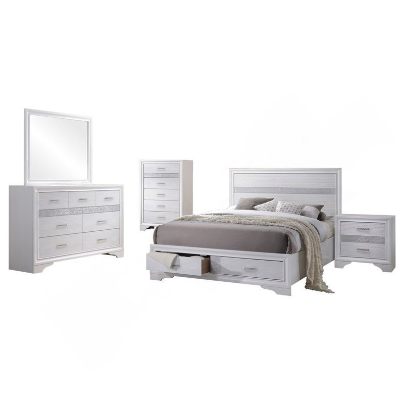 Ensemble de chambre avec grand lit 5 pièces Corbin White, White, Queen