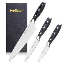 WELLSTAR Kitchen Knife Set 3 Piece, Razor Sharp German Stainless Steel Blade  and Comfortable Handle with Rainbow Titanium Coated, Chef Santoku Paring  for Cutting Dicing Mincing and Peeling, Gift Box 