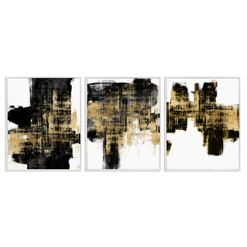 «Bold Black Brushstrokes», ensemble de 3 estampes dorées par Alex Wise, Giclée encadrée blanc bord de mer, H 14 po x l 11 po