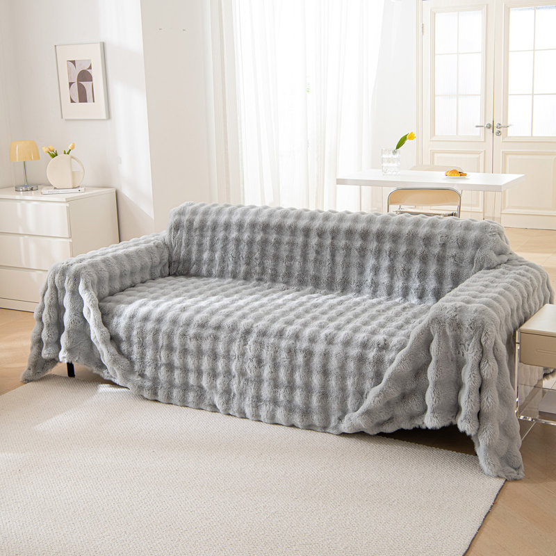 1-Piece Faux Fur Box Cushion Slipcover, 71" H x 134" W, Dark Gray